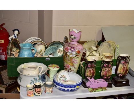 TWO BOXES AND LOOSE CERAMICS to include Beswick 'Pickwick', 'Lancaster Sandland', 'Raleigh' and 'Micawber' character jugs, Ro