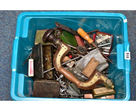 A BOX OF TOOLS, including a Joseph Cooper of Birmingham wooden hand drill, initialled G.S, drill bits