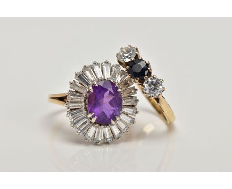 TWO 9CT GOLD DRESS RINGS, the first an amethyst and cubic zirconia cluster ring, ring size M ½, the second designed as a cent