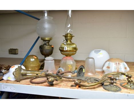 OIL LAMPS, GLASS SHADES AND FIXTURES, to include two brass oil lamps with chimneys, both marked 'Duplex', approximate height 