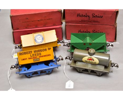 FOUR BOXED HORNBY 0 GAUGE WAGONS, No1 Cement Wagon, 'Portland Blue Circle Cement' type 3 base, No 1 Hopper Wagon G.W green li