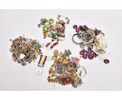 A BOX OF MOSTLY COSTUME JEWELLERY, to include pieces such as brooches, earrings, pendants, beaded white metal snake bracelets