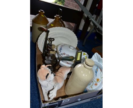 A BOX AND LOOSE OF CERAMICS, METALWARE, STONEWARE FLAGONS, etc, including a Country Artists 'a Breed Apart Blightly' dog figu