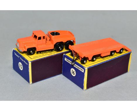 A BOXED MATCHBOX 1-75 SERIES ROTINOFF SUPER ATLANTIC TRACTOR AND TRAILER, No. 15 and 16, orange body, black plastic wheels, b