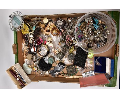 A BOX OF MOSTLY COSTUME JEWELLERY, pieces to include yellow and white metal necklaces, bracelets, earrings, bangles, mother o