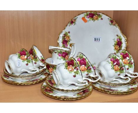 ROYAL ALBERT 'OLD COUNTRY ROSES' TEAWARES, comprising cake/sandwich plate, milk jug, sugar bowl, six teacups, six saucers (sl