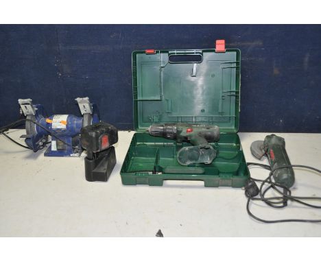 A CASED BOSCH PSB24 VE-2 24V CORDLESS DRILL with one battery and charger (intermittent) a Bosch 4in angle grinder and a Budge