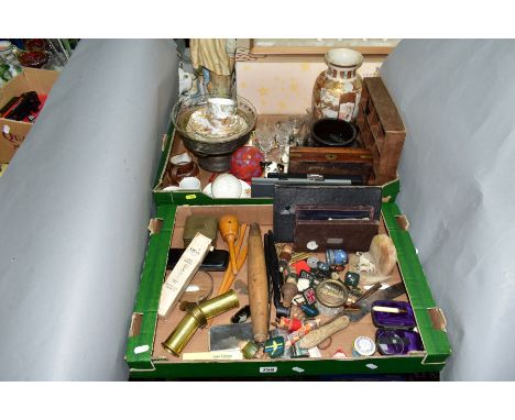 TWO BOXES OF CERAMICS, GLASS, WOODEN AND METAL WARES, to include vintage drawing equipment, compasses etc, in fitted cases (m