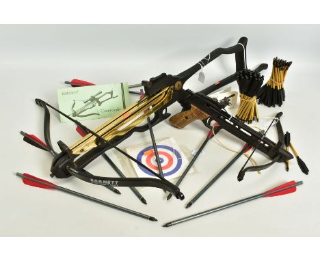 A BARNETT TRIDENT TOGETHER WITH A BARNATT COMMANDO CROSS BOWS together with sets of instructions, several targets, nine bolts