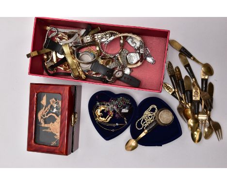 A BOX OF MISCELLANEOUS ITEMS, to include a box of assorted ladies and gentlemen's fashion wristwatches, with names to include