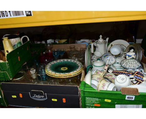 SIX BOXES OF CERAMICS AND GLASSWARES, to include three 19th century Wedgwood majolica plates, impressed and painted marks, va