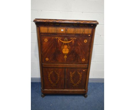 A LOUIS XVI MAHOGANY AND MARQUETRY INLAID SECRETAIRE A ABATANT, 18th century, the single drawer above a fall front with green