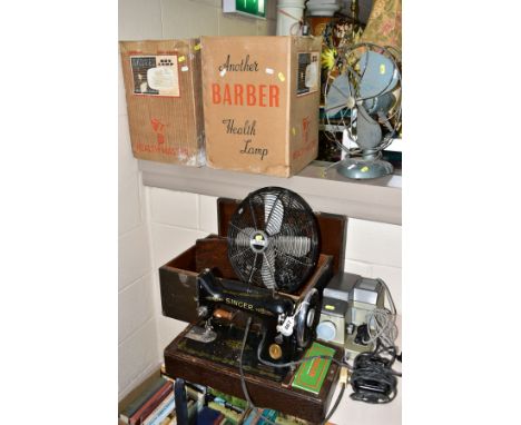 SIX ITEMS: TWO TABLE TOP FANS, TWO HEALTH LAMPS, SEWING MACHINE AND PROJECTOR, comprising two Barber 'Health-Master' vintage 