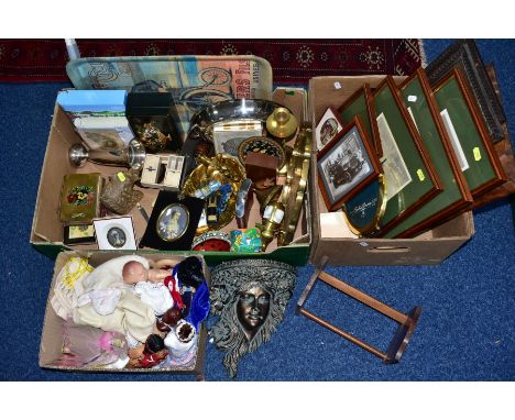 THREE BOXES AND LOOSE PICTURES, DOLLS, WOODEN AND METAL ITEMS, to include vintage Peggy Nisbet doll, plastic and bisque dolls