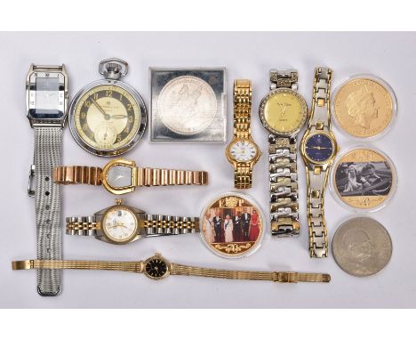 A SELECTION OF WATCHES AND COINS, to include an Ingersoll open face pocket watch, a lady's gold plated Sekonda wristwatch, si