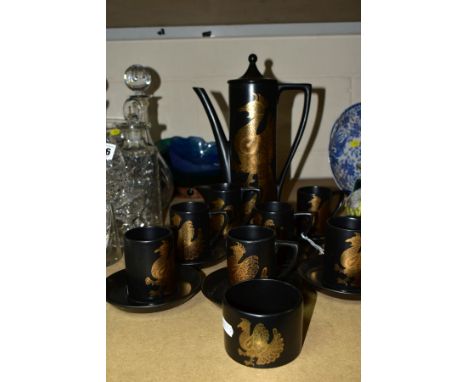 FIFTEEN PIECE PORTMEIRION 'PHOENIX' COFFEE SET, comprising coffee pot, milk jug, sugar bowl, six cups and saucers, with gold 