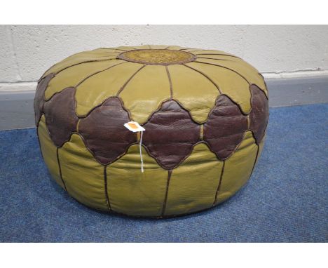 A MOROCCAN PATCHWORK LEATHER CIRCULAR POUFFE, diameter 64cm (some loose stitching)