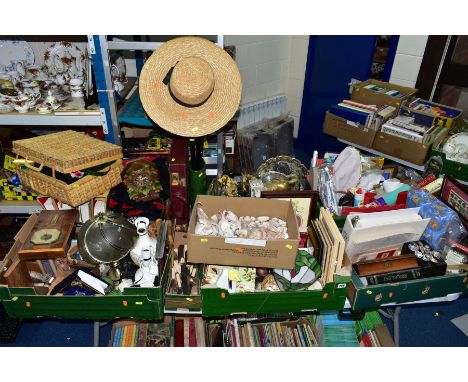 EIGHT BOXES AND LOOSE VINTAGE AND CONTEMPORARY HOMEWARES AND COLLECTABLES to include 1981 Royal Wedding First Day covers, bra