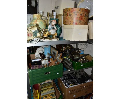FIVE BOXES AND LOOSE SUNDRY ITEMS, LAMPS, PICTURES, BOOKS, HATS  etc, to include a Zenit EM MOSHVA 80 SLR, plated wares, hip 