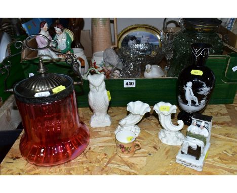 A BOX AND LOOSE CERAMIC AND GLASS WARES, to include a Belleek owl height 13.5cm, pair of Royal Worcester Cornucopias, height 