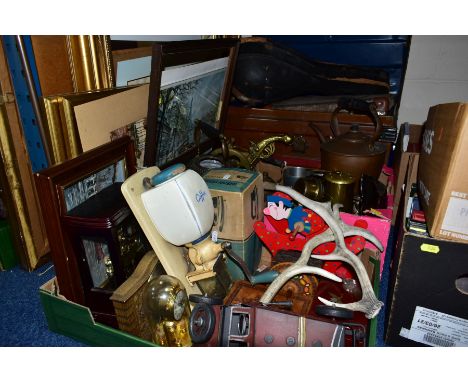 TWO BOXES AND LOOSE PICTURES, METALWARE, LUGGAGE etc, to include large metal trunk, decorated to simulate wood, approximately