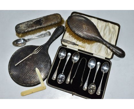 A SELECTION OF SILVER ITEMS, to include a cased set of six silver Hanoverian teaspoons, each hallmarked 'Baker Brothers silve