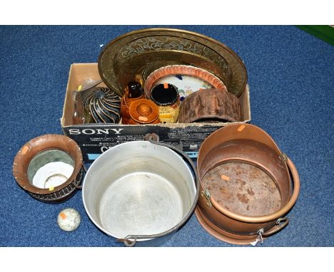 A BOX AND LOOSE CERAMICS AND METALWARES, to include three brass chargers (largest diameter 45.5cm, smaller ones with portrait