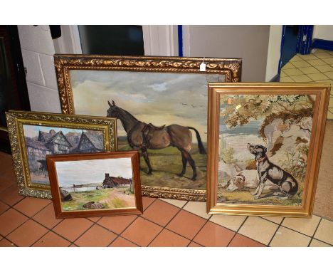 PAINTINGS AND PRINTS etc, comprising a profile portrait of a horse, indistinctly signed, oil on canvas, framed, approximate s