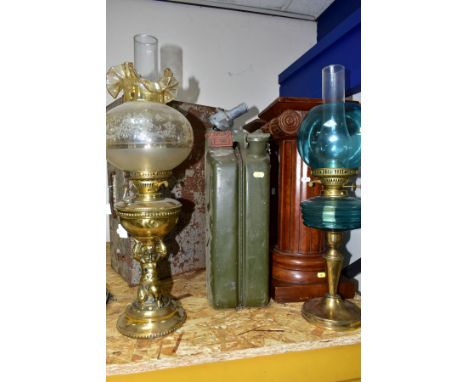 SEVEN ITEMS, comprising a pair of wooden column pedestals, military marked petrol can, two oil lamps, ceiling lampshade and m