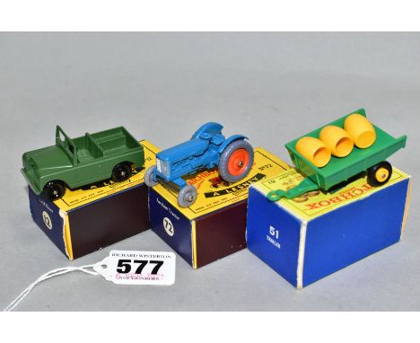 THREE BOXED MATCHBOX 1-75 SERIES VEHICLES, Land Rover Series II, No.12, green body, rounded axles, Fordson Major Tractor, No.