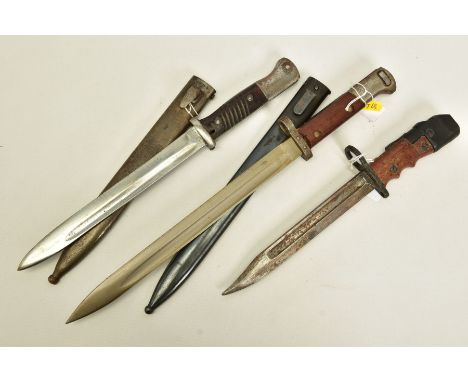 A BRITISH MK 1/L RIFLE BAYONET 1945-48 variant, no scabbard with swivel fitting, two x K98 Mauser Bayonets and scabbards one 
