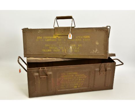 TWO WWII/POST WWII ERA AMMUNITION GEAR BOXES, with descriptions there on, one is all metal, the other wooden with metal fitti