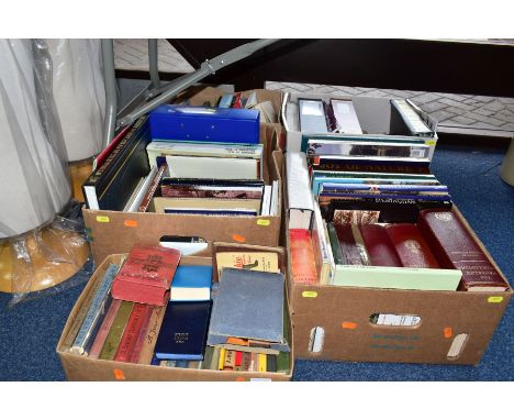 BOOKS, approximately one hundred titles in five boxes including Encyclopaedia, Dictionary, Bible, Biography, DIY, Atlas and G