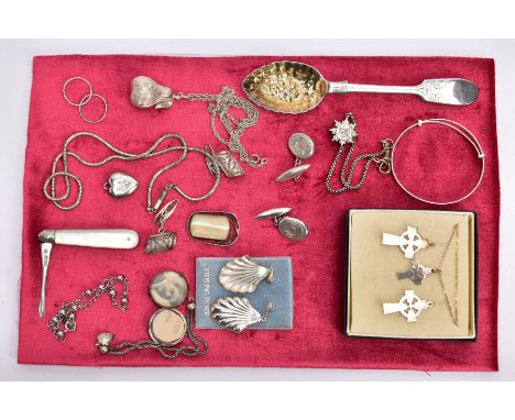 A SELECTION OF SILVER AND WHITE METAL ITEMS, to include a Victorian silver berry spoon, gilt bowl with an embossed fruit deta