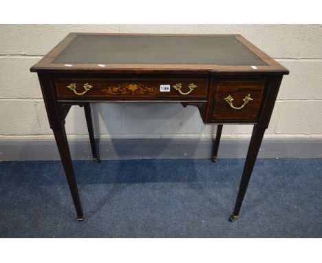 MAPLE AND CO, LONDON, AN EDWARDIAN ROSEWOOD AND MARQUETRY INLAID LADIES DESK, with a black leather inlay top, single drawer b