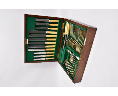 A COMPLETE CANTEEN OF 'WALKER AND HALL' CUTLERY, oak canteen with a brass shield inlaid to the lid, complete with a forty-two