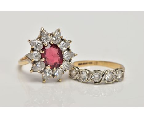 TWO 9CT GOLD DRESS RINGS, the first designed with a central oval garnet within a colourless cubic zirconia surround, ring siz