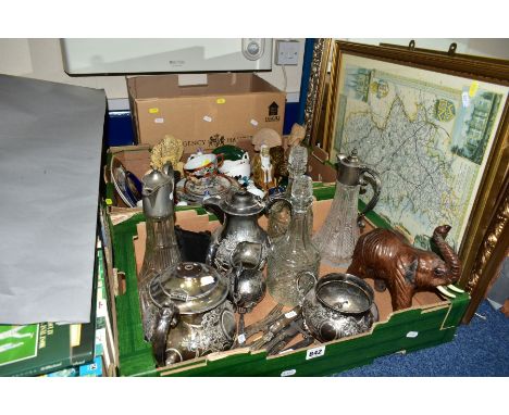 THREE BOXES AND LOOSE BOOKS, MIRROR, CERAMICS, GLASS AND METALWARES, ETC, to include twelve books by Charles Dickens publishe