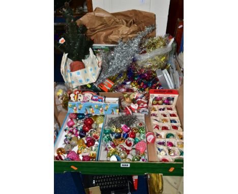 TWO BOXES OF VINTAGE GLASS CHRISTMAS TREE BAUBLES AND OTHER DECORATIONS, etc to include paper streamers, tinsel, a small arti