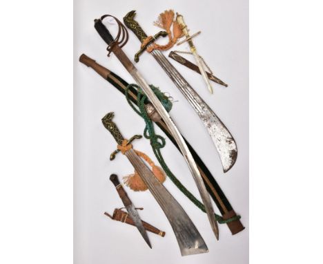 FIVE ASSORTED BLADED WEAPONS,  two small short swords, curved blades, poorly constructed, knots in gold colour, Eagle head gr