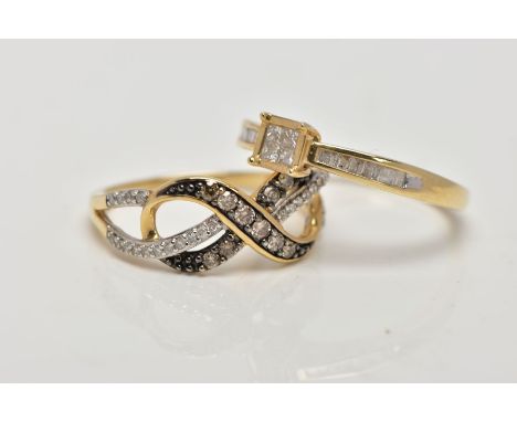 TWO 9CT GOLD DIAMOND DRESS RINGS, the first designed as a central square of four princess cut diamonds, the shoulders each ch
