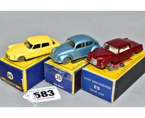 THREE BOXED MATCHBOX 1-75 SERIES CARS, Volkswagen Beetle 1200, No.25, clear windows, grey plastic wheels, Mercedes-Benz 220SE