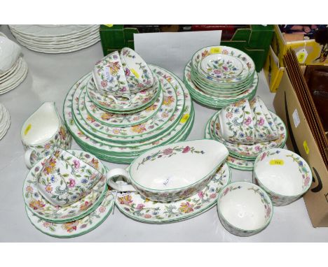 FORTY FIVE PIECES OF MINTON HADDON HALL DINNERWARES, comprising milk jug, 5.5cm sugar bowl, 6.5cm sugar bowl, sauce boat and 