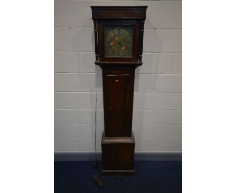 A GEORGIAN OAK 30 HOUR LONGCASE CLOCK, the square hood with a single glazed door enclosing a 9 inch brass dial surrounded by 