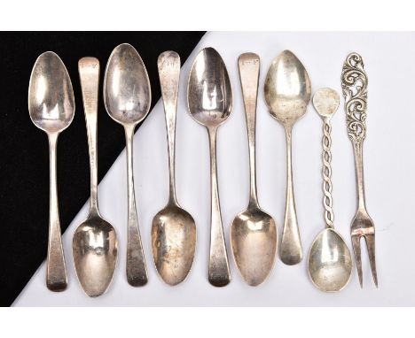 A SMALL QUANTITY OF SILVER AND WHITE METAL TEASPOONS, to include a set of five old English pattern teaspoons, each with engra