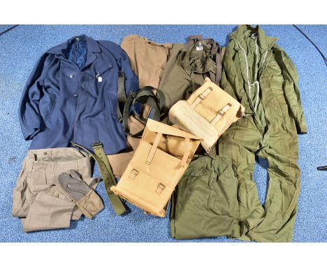 A BOX CONTAINING VARIOUS MILITARY STYLE ITEM including trousers, webbing belts blue over jacket and 2 sand coloured kit bags