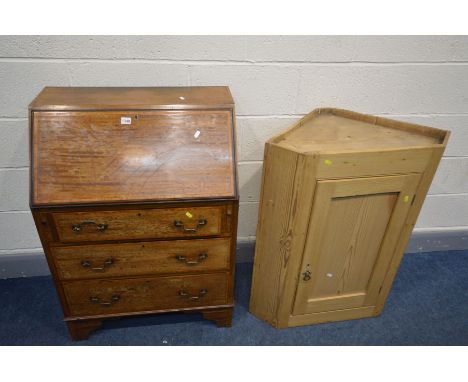 AN EDWARDIAN MAHOGANY AND INLAID FALL FRONT BUREAU, on bracket feet, width 69cm x depth 42cm x height 98cm, together with a p