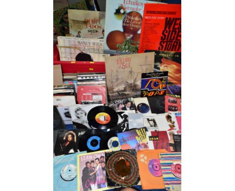 TWO TRAYS OF APPROXIMATELY SEVENTY LPs AND 12IN SINGLES AND EIGHTY 7IN SINGLES along with a vintage BSR record player (untest