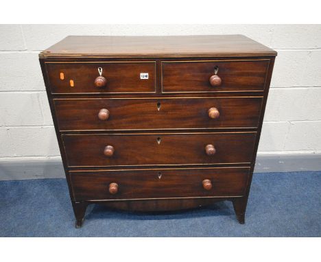 A GEORGIAN OAK CHEST OF TWO OVER THREE LONG DRAWERS, on bracket feet, width 98cm x depth 47cm x height 92cm (condition - vene