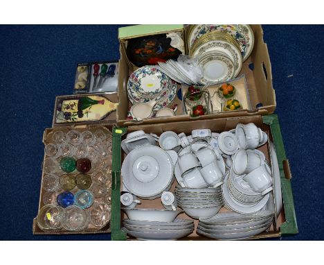 THREE BOXES OF CERAMICS AND GLASS WARES, to include Chodziez, Poland, white and gold part dinner/tea set, over fifty pieces, 